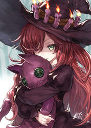  anna_(granblue_fantasy) black_dress buttons candle capriccio commentary_request dress female fire granblue_fantasy green_eyes hair_over_one_eye hat hug juliet_sleeves long_hair long_sleeves looking_at_viewer photoshop_(medium) puffy_sleeves red_hair solo stitched_mouth stitches stuffed_toy witch_hat 