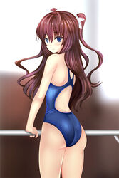  ass bad_id bad_pixiv_id blue_eyes brown_hair commentary_request competition_swimsuit female ichinose_shiki idolmaster idolmaster_cinderella_girls long_hair looking_at_viewer looking_back one-piece_swimsuit shima-shuu smile solo swimsuit two_side_up 