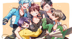  5boys ;) arms_around_back bad_id bad_pixiv_id belt blue_hair blush brown_eyes cheek_pull closed_eyes ensemble_stars! fingerless_gloves gloves hair_over_one_eye hand_fan highres jacket male_focus morisawa_chiaki multicolored_hair multiple_boys nagumo_tetora one_eye_closed open_clothes open_jacket paper_fan ryuuseitai_(ensemble_stars!) sengoku_shinobu shinkai_kanata smile streaked_hair takamine_midori togame_(grazie) yellow_eyes 