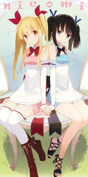  2girls ankle_lace-up apron black_hair blonde_hair blue_dress blue_eyes boots bow bowtie chair cross-laced_footwear detached_collar detached_sleeves dress full_body grass hair_ribbon holding_hands leg_ribbon light_smile multiple_girls nicomi.com noco_(adamas) pink_dress red_eyes ribbon sandals side-by-side sitting symmetrical_foot_pose symmetrical_pose symmetry thigh_ribbon thighhighs twintails white_legwear 