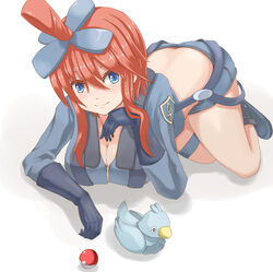  bare_legs blue_eyes blue_gloves blue_jacket breasts cleavage commentary_request crop_top cropped_jacket ducklett female fiction_(forged) gloves hair_ornament head_rest jacket jet_badge large_breasts long_hair looking_at_viewer midriff poke_ball poke_ball_(basic) pokemon pokemon_(creature) pokemon_bw red_hair shorts skyla_(pokemon) smile solo_focus suspenders white_background 