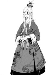  adapted_costume bespectacled commentary_request dress female final_fantasy final_fantasy_tactics glasses greyscale hat kamishirasawa_keine long_hair long_sleeves monochrome no_nose parody savan style_parody touhou yoshida_akihiko_(style) 