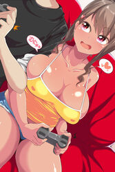  1boy bare_shoulders breasts brown_hair cleavage commentary_request controller female game_controller gamepad heart highres kurorettsu large_breasts long_hair original pink_eyes playing_games shiny_skin short_shorts shorts smile tan thighs translation_request 