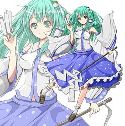  absurdres bad_id bad_pixiv_id blush breasts female frog_hair_ornament gohei green_eyes green_hair hair_ornament hair_tubes highres kochiya_sanae long_hair medium_breasts ofuda skirt smile snake_hair_ornament solo touhou velia zoom_layer 