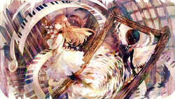  1boy alice_(deemo) bad_id bad_pixiv_id bai_qi-qsr brown_hair commentary_request deemo deemo_(character) female flower hair_flower hair_ornament holding holding_flower long_hair looking_at_another looking_at_viewer photoshop_(medium) piano_keys red_eyes reflection_(mirror_night)_(deemo) 