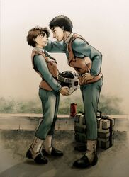  1boy absurdres bad_id bad_pixiv_id black_hair briefcase brown_hair can colored_pencil_(medium) commentary_request couple female gaiters graphite_(medium) hand_on_another&#039;s_head helmet highres holding izumi_noa kidou_keisatsu_patlabor leaning_forward light_smile looking_at_another necktie patting photoshop_(medium) shinohara_asuma short_hair straight traditional_media uirina uniform 