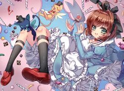  :d animal apron black_choker black_hairband black_hat black_legwear black_ribbon blue_dress blush brown_hair candy cardcaptor_sakura checkerboard_cookie choker club_(shape) commentary cookie creature dress feline female food full_body green_eyes hair_ribbon hairband hat heart juliet_sleeves kero_(cardcaptor_sakura) kinomoto_sakura kneehighs loafers lollipop long_sleeves maid_apron open_mouth puffy_sleeves red_footwear ribbon shoes smile socks spade_(shape) suppi symbol-only_commentary teeth top_hat upper_teeth_only wataru_kuri white_apron 