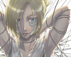  annie_leonhart armor blonde_hair blue_eyes commentary_request female female_titan higami_akabane shingeki_no_kyojin short_hair solo spoilers titan_(shingeki_no_kyojin) wire 