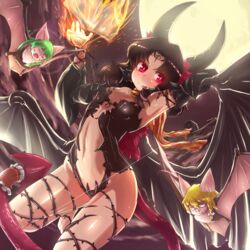  3girls :p arm_behind_head arm_up armpits barefoot bat_(animal) bat_wings benikurage_(cookie) blonde_hair blush book braid breasts brown_hair closed_eyes closed_mouth commentary_request cookie_(touhou) covered_nipples cowboy_shot demon_girl detached_sleeves dutch_angle fire full_moon green_eyes green_hair hair_between_eyes hair_ornament hair_ribbon hair_tubes hakurei_reimu highres horns kirisame_marisa kochiya_sanae long_hair looking_at_another looking_at_viewer mars_(cookie) medium_breasts medium_hair monster_girl moon multiple_girls navel oerba_yun_fang open_mouth orange_scarf otemoto_(baaaaloooo) parted_bangs paseri_(cookie) red_eyes ribbon scarf shiny_skin small_breasts snake_hair_ornament striped_clothes striped_scarf tail tongue tongue_out touhou wings yellow_scarf 