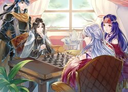  2boys 2girls bangle bare_shoulders black_hair blue_eyes blue_hair board_game bracelet cape chair chess chess_piece commentary_request cup curtains detached_sleeves dress facial_mark fire_emblem fire_emblem:_path_of_radiance fire_emblem:_radiant_dawn fire_emblem_heroes gloves grey_hair hair_ribbon half_updo headband ike_(brave_mercenary)_(fire_emblem) ike_(fire_emblem) indoors jewelry jnsghsi light_rays long_hair long_sleeves looking_at_another micaiah_(fire_emblem) micaiah_(queen_of_dawn)_(fire_emblem) multiple_boys multiple_girls open_mouth plant playing_games purple_hair red_eyes ribbon robe sanaki_kirsch_altina sitting sleeveless sleeveless_dress smile soren_(fire_emblem) teacup teapot wide_sleeves window yellow_eyes 