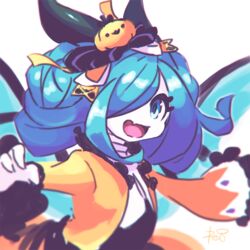  :d bad_id bad_twitter_id black_bow blue_eyes blue_hair blurry blurry_foreground bow commentary_request depth_of_field dragalia_lost eyelashes female hair_over_one_eye hairbow inactive_account jack-o&#039;-lantern jacket long_sleeves looking_at_viewer oerba_yun_fang open_mouth orange_jacket reiesu_(reis) signature silke_(dragalia_lost) simple_background smile solo upper_body white_background wings 