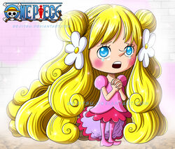  absurdres blonde_hair blue_eyes copyright_name double_bun dressrosa dwarf female hands_clasped highres mansherry one_piece princess solo tears 