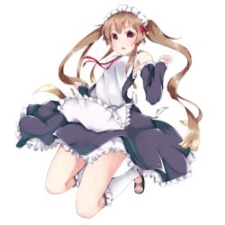  bad_id bad_nicoseiga_id bobby_socks brown_eyes brown_hair detached_sleeves elf female full_body long_hair looking_at_viewer maid maid_headdress monobe_tsukuri myucel_foalan outbreak_company pointy_ears simple_background socks solo twintails very_long_hair white_background 