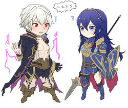  1boy abs ameno_(a_meno0) bad_id bad_pixiv_id blue_eyes blue_hair cape chibi dark_persona evil_smile female fire_emblem fire_emblem_awakening fire_emblem_heroes gloves grima_(fire_emblem) hood long_hair lucina_(brave_princess)_(fire_emblem) lucina_(fire_emblem) polearm red_eyes robe robin_(fire_emblem) robin_(male)_(fire_emblem) shield short_hair simple_background smile spear tiara weapon white_background white_hair 