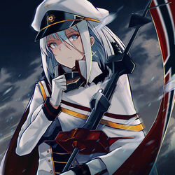  absurdres azur_lane blue_eyes breasts capelet choker closed_mouth cloud cloudy_sky commentary commission cross cross_earrings earrings english_commentary female flag gloves grey_hair hair_between_eyes hand_up hat highres holding holding_pole imperial_war_flag jacket jewelry long_hair military military_hat military_uniform official_art outdoors peaked_cap pole rain septoleaf sidelocks sky solo tirpitz_(azur_lane) tsurime uniform white_gloves 