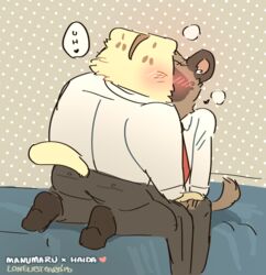  2018 aggretsuko anthro blush duo felid feline haida_(aggretsuko) hi_res hollowpup hyena kissing male male/male mammal manumaru pallas&#039;s_cat sanrio spotted_hyena 