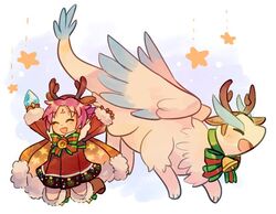  antlers arms_up bell boots bow brown_gloves closed_eyes commentary_request dragon dress facial_mark fae_(fire_emblem) fae_(winter)_(fire_emblem) female fire_emblem fire_emblem:_the_binding_blade fire_emblem_heroes forehead_mark fur_trim gloves horns long_sleeves mimiblargh open_mouth purple_hair reindeer_antlers short_hair star_(symbol) wings 