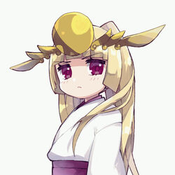  &gt;:( blonde_hair blunt_bangs blush closed_mouth commentary_request female grey_background headgear japanese_clothes kimono light_frown long_hair looking_at_viewer looking_to_the_side obi pikomarie purple_eyes puzzle_&amp;_dragons sash simple_background solo v-shaped_eyebrows very_long_hair white_kimono yomi_(p&amp;d) 