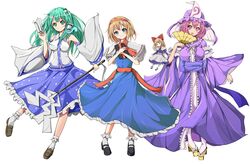  3girls absurdres alice_margatroid blonde_hair blue_dress blue_eyes blue_skirt detached_sleeves dress green_eyes green_hair hairband hat highres japanese_clothes kochiya_sanae long_hair looking_at_viewer multiple_girls nontraditional_miko pink_eyes pink_hair red_hairband red_ribbon ribbon saigyouji_yuyuko shanghai_doll short_hair simple_background skirt smile touhou velia white_background 