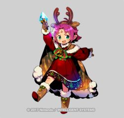  antlers arm_up bad_id bad_twitter_id bell boots bow brown_gloves cape company_name copyright_name dress facial_mark fae_(fire_emblem) fae_(winter)_(fire_emblem) female fire_emblem fire_emblem:_the_binding_blade fire_emblem_heroes forehead_mark full_body fur_trim gloves green_eyes grey_background himukai_yuuji horns inactive_account leg_up long_sleeves official_art open_mouth pointy_ears purple_hair reindeer_antlers short_hair simple_background solo 