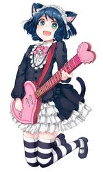  animal_ears aqua_eyes bad_id bad_nicoseiga_id blue_hair cat_ears cat_girl cyan_(show_by_rock!!) female frills guitar hairband heart_guitar highres instrument lolita_hairband monobe_tsukuri show_by_rock!! simple_background solo strawberry_heart_(show_by_rock!!) striped_clothes striped_thighhighs thighhighs white_background 