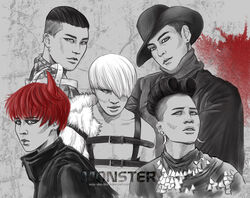  5boys bigbang daesung earrings g-dragon hair_over_one_eye harness hat horn jewelry lip_ring looking_at_viewer male_focus monster_boy multiple_boys red_hair seungri_(bigbang) t.o.p_(bigbang) taeyang 