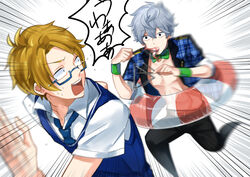  2boys abs absurdres blue-framed_eyewear blue_bow blue_necktie bow bowtie commentary_request crying crying_with_eyes_open ensemble_stars! fleeing glasses grey_hair highres innertube instrument male_focus multiple_boys necktie pajero sena_izumi_(ensemble_stars!) shrimp swim_ring tears triangle_(instrument) yuuki_makoto_(ensemble_stars!) 