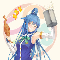  ^_^ alcohol aqua_(konosuba) bare_shoulders beer beer_mug blue_hair blush breasts buttons closed_eyes commentary_request copyright_name cup detached_sleeves female food grin hair_ornament hair_rings hiraba_6018 holding holding_cup holding_food jug_(bottle) kono_subarashii_sekai_ni_shukufuku_wo! long_hair medium_breasts mug single_hair_ring smile solo teeth very_long_hair 