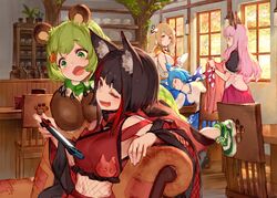  5girls :3 :d absurdres animal_ear_fluff animal_ears animal_hands animare armchair bare_shoulders bat_ears bear_ears bear_hair_ornament black_hair blanket blonde_hair brown_eyes chair closed_eyes commentary_request covering_with_blanket cup cutlery detached_sleeves dog_ears fox_ears gloves green_eyes green_hair hair_ornament hairclip highres hinokuma_ran holding inaba_haneru_(animare) inari_kuromu indoors izumi_sai japanese_clothes kimono long_hair long_sleeves multicolored_hair multiple_girls nanashi_inc. nintendo_switch one_eye_closed open_mouth paw_gloves paw_print pink_hair plant plate potted_plant puffy_short_sleeves puffy_sleeves rabbit_ears red_eyes red_kimono red_skirt sailor_collar saliva shoes short_sleeves sitting skirt sleeping smile smug sneakers souya_ichika souya_ichika_(1st_costume) streaked_hair teacup thick_eyebrows tray umori_hinako vest virtual_youtuber white_vest window 