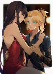  2girls bare_shoulders black_hair black_shirt blonde_hair braid commentary dress english_commentary eye_contact fate/apocrypha fate/grand_order fate_(series) green_eyes hair_ornament hair_scrunchie hand_on_another&#039;s_shoulder long_hair looking_at_another medium_hair mordred_(fate) mordred_(fate/apocrypha) multiple_girls navel pointy_ears red_dress red_scrunchie scrunchie semiramis_(fate) shirt short_ponytail sleeveless sleeveless_dress strapless strapless_dress yellow_eyes yorukun yuri 