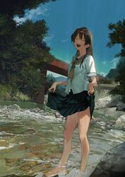  :d ^_^ absurdres barefoot breast_pocket bridge closed_eyes commentary day dripping female film_grain full_body hair_between_eyes highres laughing matsuura_kento nature open_mouth original outdoors pleated_skirt pocket railing river school_uniform serafuku shirt skirt skirt_hold smile standing tree wading water wet wet_clothes wet_shirt wet_skirt white_shirt 