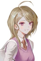  absurdres ahoge akamatsu_kaede backpack bag beamed_sixteenth_notes blonde_hair breasts commentary danganronpa_(series) danganronpa_v3:_killing_harmony eighth_note female hair_ornament highres long_hair looking_at_viewer migumi musical_note musical_note_hair_ornament necktie purple_eyes school_uniform shirt simple_background smile solo sweater_vest upper_body white_background 