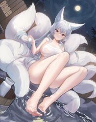  absurdres animal_ear_fluff animal_ears bare_shoulders blue_eyes blush bottle breasts choko_(cup) cup female fox_ears fox_girl fox_tail hair_between_eyes hair_ornament hairclip highres holding holding_cup large_breasts long_hair looking_at_viewer moon multiple_tails night onsen original sake_bottle sitting smile solo somyo_(s0my0) tail thighs towel water 