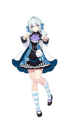  black_footwear blue_eyes blue_hair bow closed_mouth female full_body ghost ghost_pose hair_ornament hairbow highres hitotose_tanteidan md5_mismatch necomi simple_background smile socks striped_clothes striped_socks virtual_youtuber white_background yuugasaki_umi 