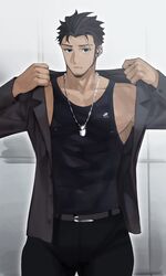  1boy bad_id bad_twitter_id bara barbell_piercing beard black_tank_top cowboy_shot dark-skinned_male dark_skin eyebrow_cut facial_hair glint goburin_second harumi_(goburin_second) highres jitome large_pectorals looking_at_viewer male_focus muscular muscular_male nipple_bar nipple_piercing original pectorals piercing protected_link see-through_silhouette short_hair sidepec solo sweat tank_top thick_eyebrows undressing 