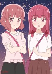  2girls :d bag black_skirt blush brown_hair brown_skirt closed_mouth crossed_arms hair_ornament koisuru_asteroid long_hair looking_at_viewer md5_mismatch multiple_girls open_mouth pink_shirt puffy_short_sleeves puffy_sleeves red_hair sakayaya sakurai_chikage sakurai_mikage shirt short_sleeves shoulder_bag siblings sidelocks sisters skirt smile very_long_hair white_shirt 