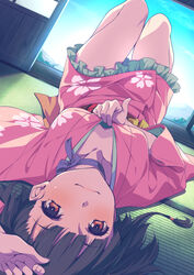  arm_up blush breasts brown_eyes brown_hair choker commentary_request commission day female floral_print hand_on_own_head indoors japanese_clothes kimono kimono_pull koutetsujou_no_kabaneri long_sleeves looking_at_viewer lying mumei_(kabaneri) on_back on_floor partial_commentary pink_kimono pulling_own_clothes qwel_08 ribbon_choker short_hair skeb_commission smile solo tatami 