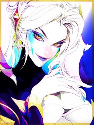  blue_background blue_dress blue_eyeshadow blue_nails border breasts chromatic_aberration cleavage cleavage_cutout clothing_cutout dress earrings english_commentary eyelashes eyeliner eyeshadow female fingernails hair_ornament highres jewelry jian_tai_(cuoyu0) large_breasts league_of_legends lipstick looking_at_viewer makeup morgana_(league_of_legends) official_alternate_costume official_alternate_hairstyle orange_border parted_bangs pointy_ears purple_eyeshadow purple_lips sharp_fingernails signature simple_background smile solo star_nemesis_morgana upper_body white_hair yellow_eyes 