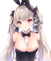  animal_ears arms_behind_back azur_lane bare_shoulders between_breasts black_ribbon breasts brown_hair cleavage commentary_request detached_collar fake_animal_ears female formidable_(azur_lane) hair_ribbon highres kiri_celea large_breasts long_hair playboy_bunny rabbit_ears red_eyes ribbon simple_background smile solo twintails two-tone_ribbon white_background white_ribbon 