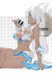  ahoge alpha_(punishing:_gray_raven) artist_name bikini blue_shorts breasts dark-skinned_female dark_skin earrings english_text female grey_hair hair_over_one_eye hat highres huang_(volt0526) jewelry long_hair looking_at_viewer lucia:_crimson_abyss_(punishing:_gray_raven) lucia:_crimson_abyss_(seaside_sunbath)_(punishing:_gray_raven) medium_breasts navel parted_lips punishing:_gray_raven red_eyes short_shorts shorts sidelocks solo starfish straw_hat sunglasses swimsuit unworn_eyewear very_long_hair white-framed_eyewear white_bikini 