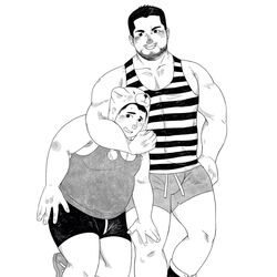  2boys :d arm_around_neck bara beard_stubble belly blush bulge daisukebear facial_hair fat fat_man feet_out_of_frame greyscale height_difference large_pectorals male_focus mature_male monochrome multiple_boys muscular muscular_male mustache_stubble original pectoral_cleavage pectorals plump shirt short_hair short_shorts shorts sidepec smile standing striped_clothes striped_shirt stubble tank_top thick_eyebrows yaoi 