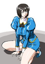  agent_aika aika_(series) ascot black_ascot black_hair blue_delmo blue_delmo_d blue_footwear blue_jacket blue_skirt breasts commentary_request delmogeny_uniform female hair_ornament hairclip high_heels highres jacket juliet_sleeves long_sleeves looking_to_the_side mamesi_(suhk8583) medium_breasts panties pantyshot pencil_skirt puffy_sleeves simple_background skirt solo squatting underwear white_panties 