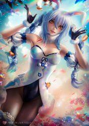  animal_ears axsens bunny_ears bunny_girl fishnets garter hololive no_bra pantyhose usada_pekora wet 