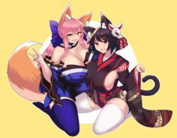  2022 2girls absurdres alternate_breast_size animal_ear_fluff animal_ears azur_lane bell black_kimono blue_bow blue_kimono blue_ribbon blue_thighhighs bow breasts cat_ears cat_mask cleavage fate/extra fate_(series) fox_ears fox_girl fox_shadow_puppet fox_tail gigantic_breasts hair_ribbon highres huge_breasts japanese_clothes jifuwabe kimono mask mask_on_head mismatched_eyebrows multiple_girls oerba_yun_fang open_mouth paw_pose pink_hair red_eyes ribbon short_kimono sideboob sideless_kimono skin_fang split_ponytail tail tail_bell tail_ornament tamamo_(fate) tamamo_no_mae_(fate/extra) thighhighs white_thighhighs yamashiro_(azur_lane) yellow_eyes 