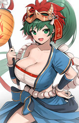  :d absurdres bandages blue_shirt blue_skirt blush breasts chest_sarashi cleavage collarbone commentary cowboy_shot female fire_emblem fire_emblem:_the_blazing_blade fire_emblem_heroes gonzarez green_eyes green_hair hand_on_own_hip hand_up highres holding huge_breasts long_hair looking_at_viewer lyn_(fire_emblem) lyn_(flame)_(fire_emblem) mask mask_on_head official_alternate_costume open_mouth ponytail sarashi shirt simple_background single-shoulder_shirt single_bare_shoulder single_sleeve skirt smile solo standing strapless tube_top very_long_hair white_background 