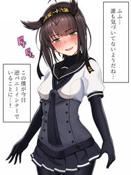  blush breasts brown_hair commentary female green_eyes hachimaki hatsuzuki_(kancolle) headband high_collar highres kantai_collection medium_breasts medium_hair open_mouth smile solo sweatdrop translated tussy 