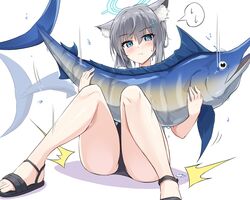  absurdres animal animal_ears blue_archive blue_eyes blush closed_mouth competition_swimsuit cross_hair_ornament feet female fish grey_hair hair_ornament halo highres holding holding_animal holding_fish holiday_(pangjelly) knees_up legs looking_at_viewer marlin_(fish) one-piece_swimsuit ponytail sandals shiroko_(blue_archive) shiroko_(swimsuit)_(blue_archive) solo swimsuit toenails toes white_background wolf_ears 