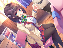  :d absurdres arm_up asa_no_ha_(awayuki) beige_jacket black_pantyhose blue_eyes bookshelf breasts brown_hair buttons chair collared_shirt couch curtains drawer dutch_angle female hair_ribbon highres indoors jacket large_breasts medium_hair neck_ribbon non-web_source open_mouth original ousaka_rina pantyhose plaid plaid_skirt pleated_skirt red_skirt ribbon shirt sink sitting skirt smile solo towel white_shirt window wooden_floor wooden_wall 