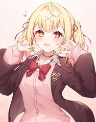  :d black_choker black_jacket blazer blonde_hair bow bowtie cardigan choker collared_shirt female fingers_to_cheeks gradient_hair hair_ornament hair_ribbon hands_up heart heterochromia highres hoshikawa_sara hoshikawa_sara_(4th_costume) jacket lapel_pin lapels long_hair looking_at_viewer multicolored_hair nijisanji open_clothes open_jacket open_mouth pink_cardigan red_bow red_bowtie red_eyes red_ribbon ribbon school_uniform shirt simple_background sleeves_past_wrists smile solo star-shaped_pupils star_(symbol) symbol-shaped_pupils two_side_up upper_body virtual_youtuber white_shirt x_hair_ornament yellow_eyes zky_(oekaky) 