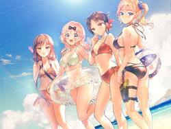  4girls ass ball beachball bikini black_bikini black_bow black_hair blonde_hair blue_eyes blue_scrunchie blue_sky blunt_bangs bow breasts brown_eyes brown_hair cloud contrapposto cowboy_shot folded_ponytail from_behind fujiwara_chika gun hair_ornament hair_ribbon hair_scrunchie hairbow hayasaka_ai holster iino_miko innertube kaguya-sama_wa_kokurasetai_~tensai-tachi_no_renai_zunousen~ large_breasts layered_bikini light_rays long_hair looking_at_viewer looking_back low_twintails medium_hair multiple_girls nyan5000 orange_bikini outdoors pink_hair ponytail red_bikini red_eyes red_ribbon ribbon scrunchie see-through shinomiya_kaguya short_hair side-tie_bikini_bottom side_ponytail sky small_breasts standing sunbeam sunlight swim_ring swimsuit twintails water_gun weapon white_bikini 